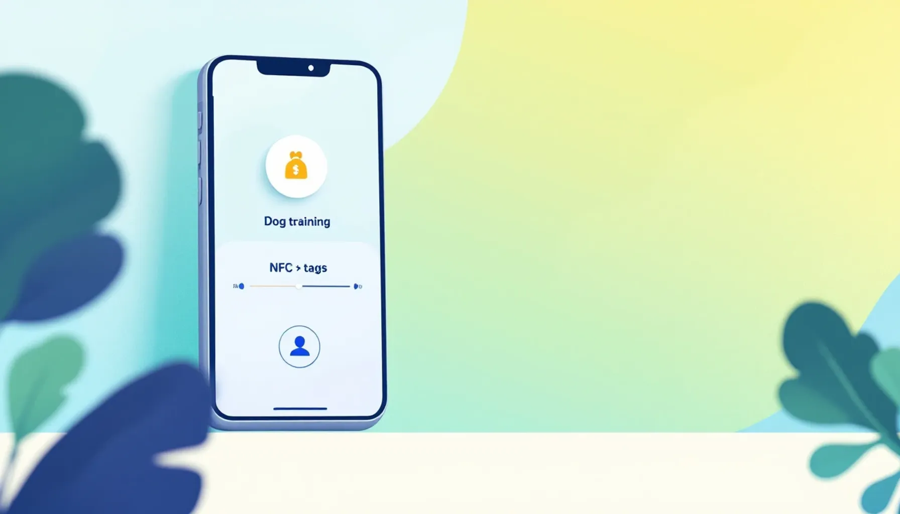 Minimalist flat illustration of a smartphone screen displaying a dog training schedule with NFC tag symbol, soft blue an